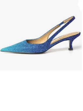 FSJ Blue Glitter Kitten Heel Slingback Sandals Pointy Toe Sexy Pumps Party Shoes